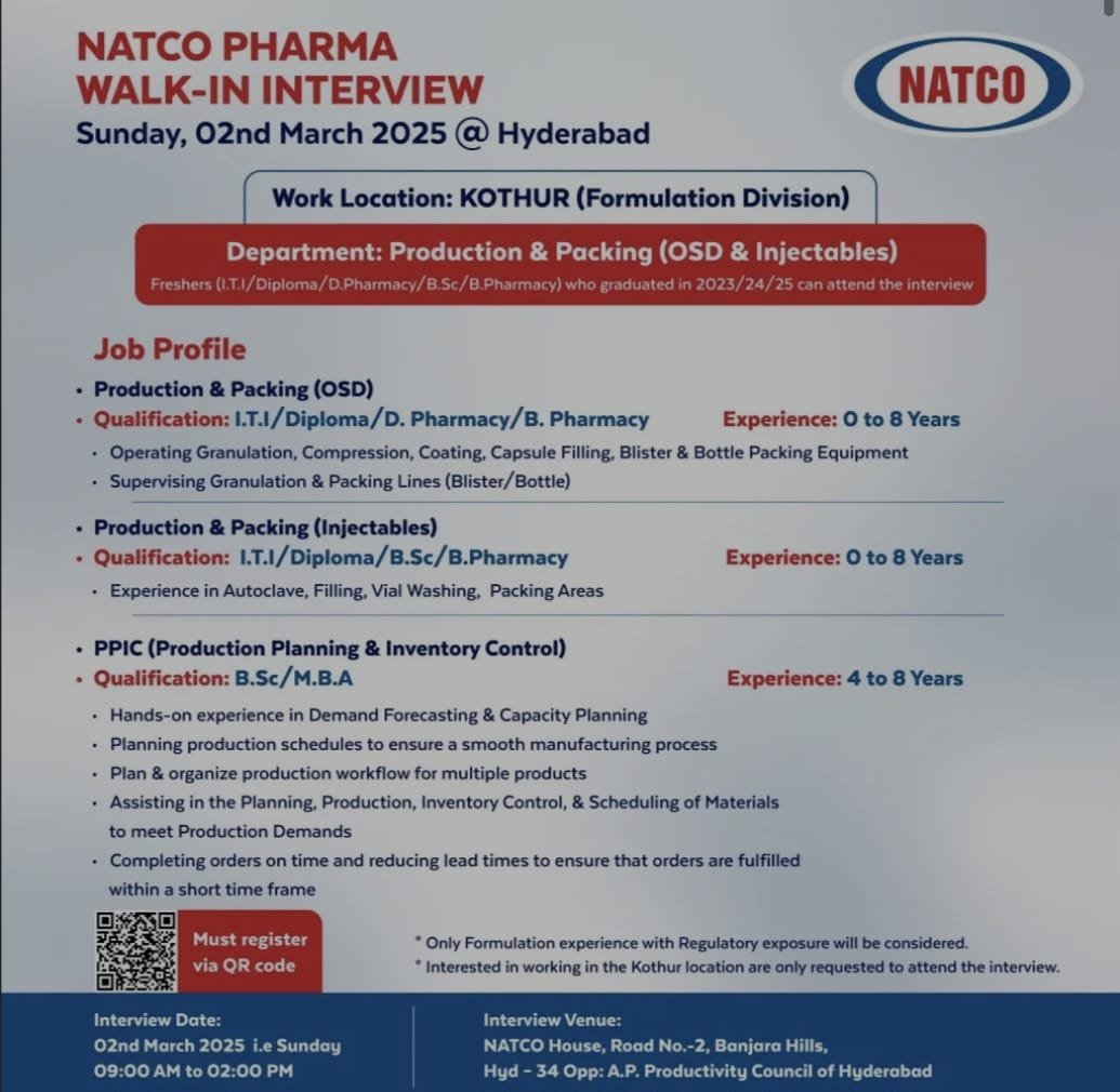 NATCO Pharma Walk-In Interview NATCO Pharma Walk-In Interview