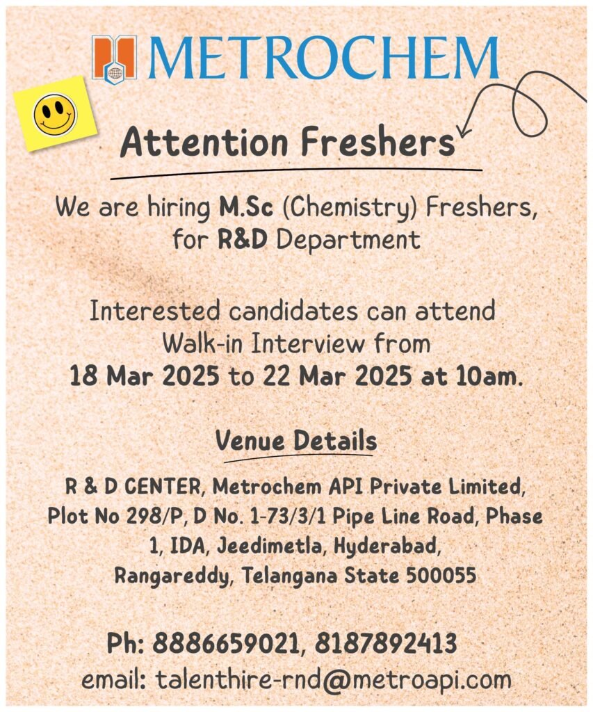 Metrochem, Walk-In Interview, MSc Chemistry Freshers, R&D Jobs,