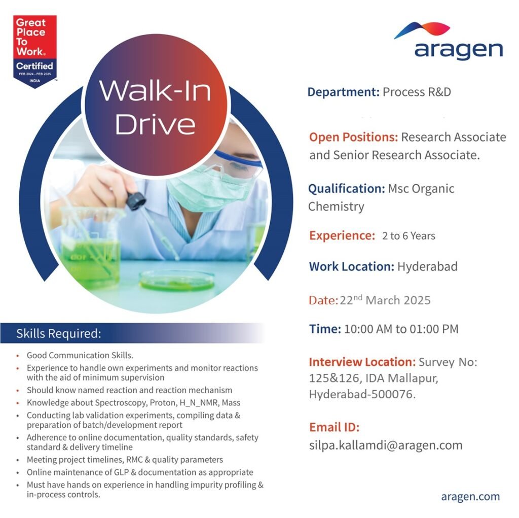 Aragen, Walk-In Drive, Research Associate Jobs Aragen, Walk-In Drive, Research Associate Jobs