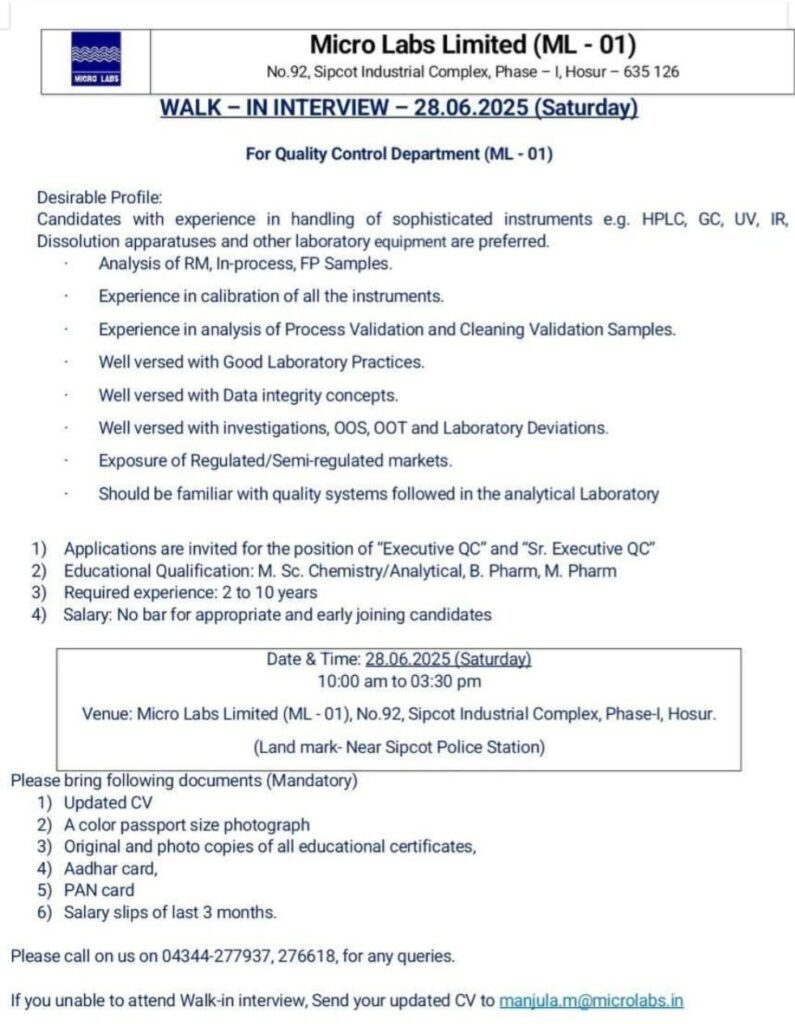 Micro Labs Walk-in Interview