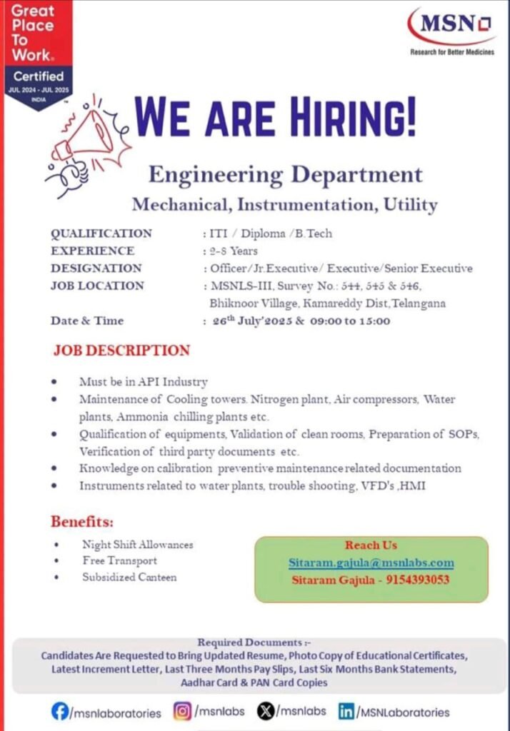 Hiring for Engineering Department