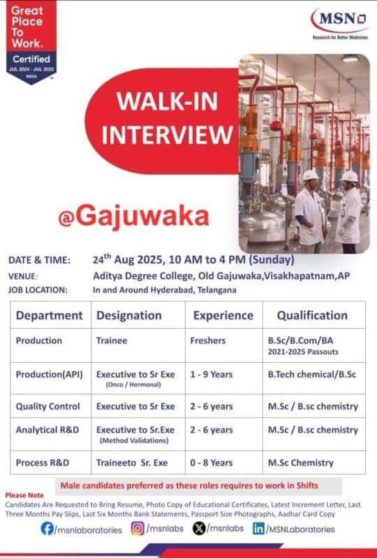 MSN Laboratories Walk-in Interview
