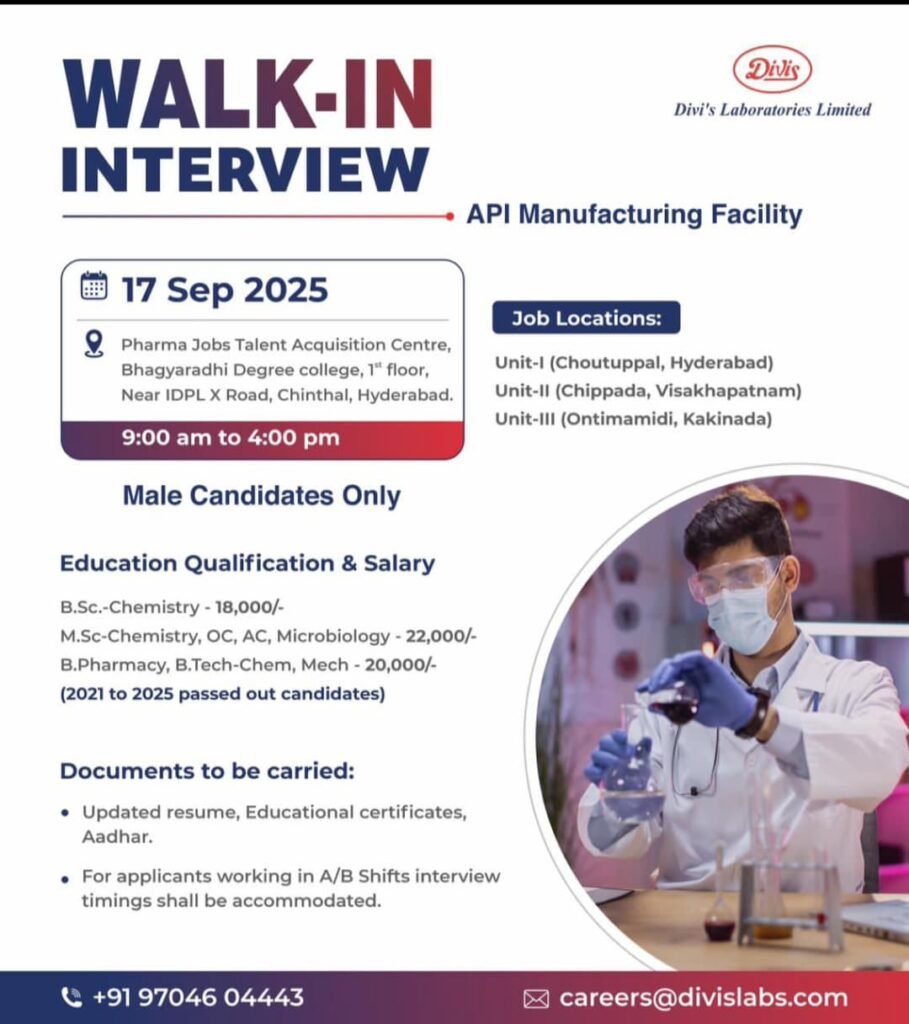 Walk-In Interview at Divis Laboratories