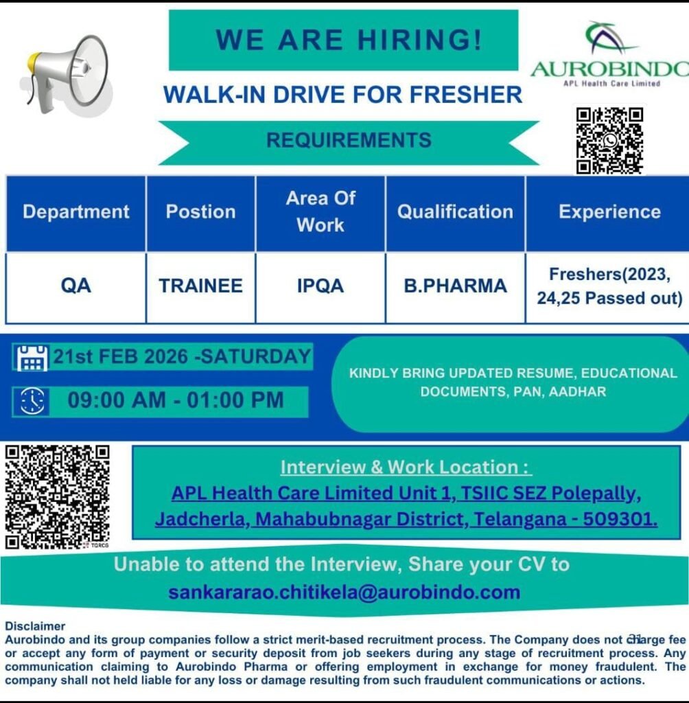 Aurobindo Pharma walk-in interview