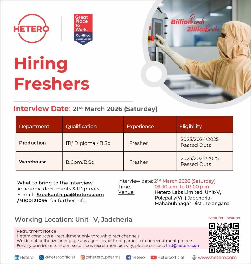 Hetero Labs Limited is conducting a mega walk-in drive for freshers in Production and Warehouse departments at its Jadcherla Unit (Telangana). Candidates from ITI, Diploma, B.Sc, and B.Com backgrounds (2023, 2024, 2025 pass-outs) are eligible to attend.