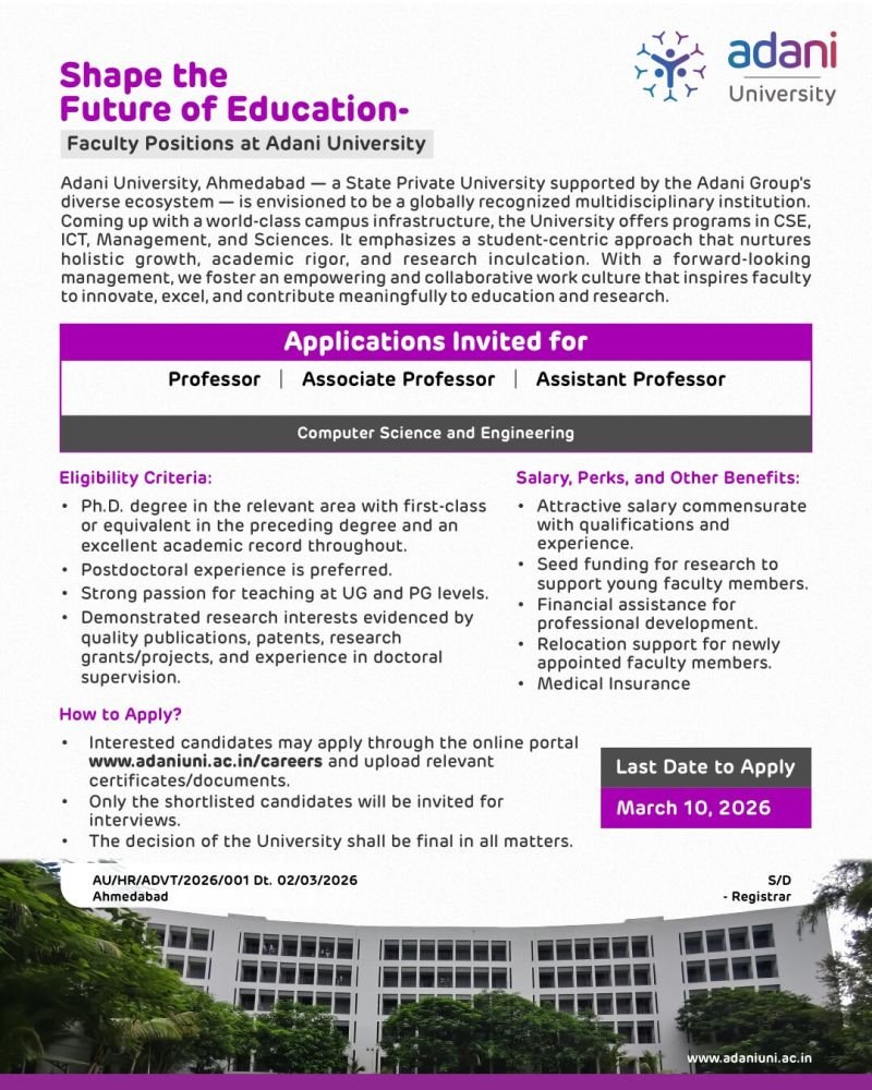 Adani University recruitment 2026 professor associate assistant professor jobs Ahmedabad