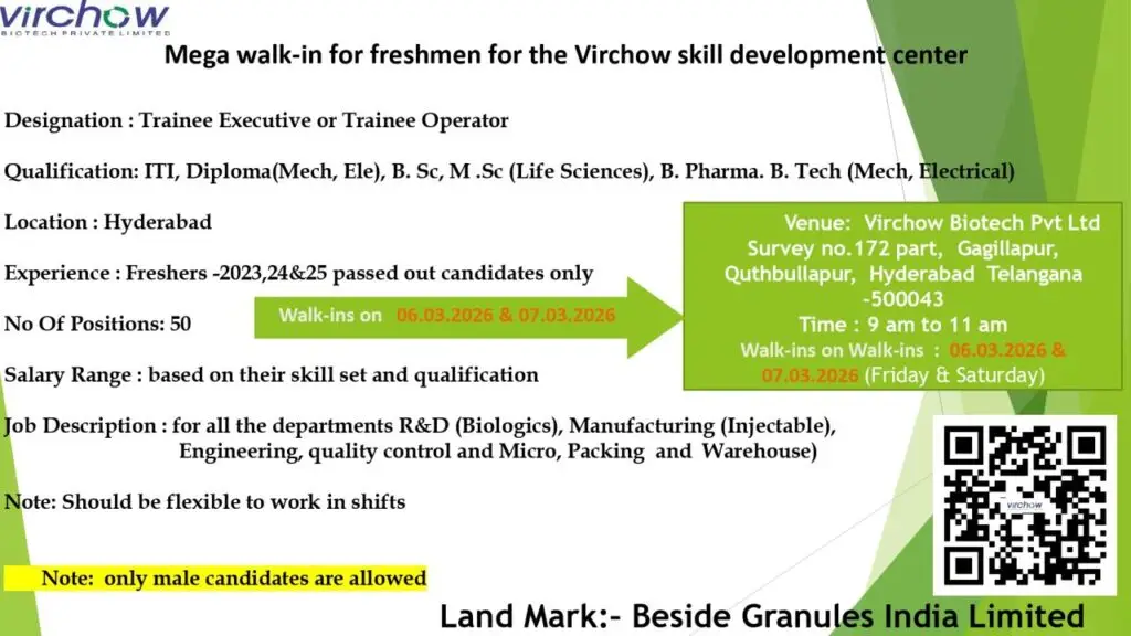 Virchow Biotech mega walk-in drive 2026 for freshers Hyderabad
